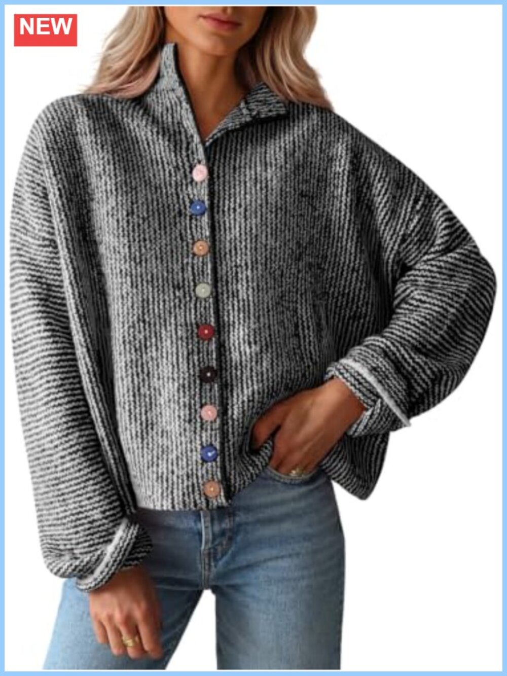 Striped Button Down Cardigan Sweater Long Sleeve Knit Loose Fit